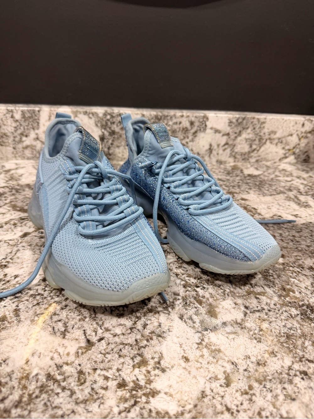 Steve Madden Women’s Powder Blue Knit Athletic Sneakers with Glitter Panels